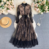 Lizakosht New Spring Autumn Elegant Women Lace Hollow Out Patchwork Long Dress Vintage Ladies Stand Collar Button Fairy Dress